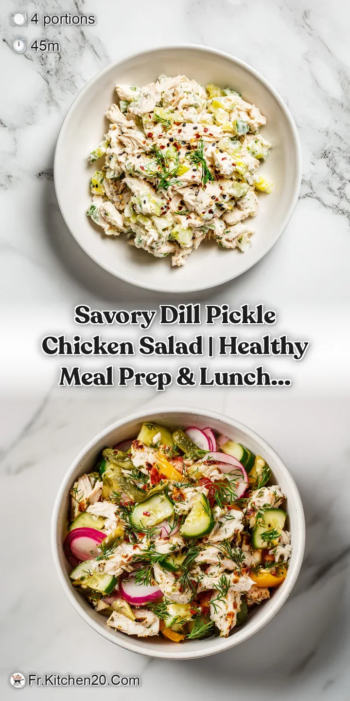 Close-up of chunky chicken salad revealing tender chicken, crisp pickle, and creamy dressing.