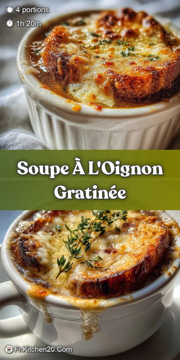 Close-up of French onion soup featuring a gooey, melted cheese crust with caramelized onions visible underneath a golden b...