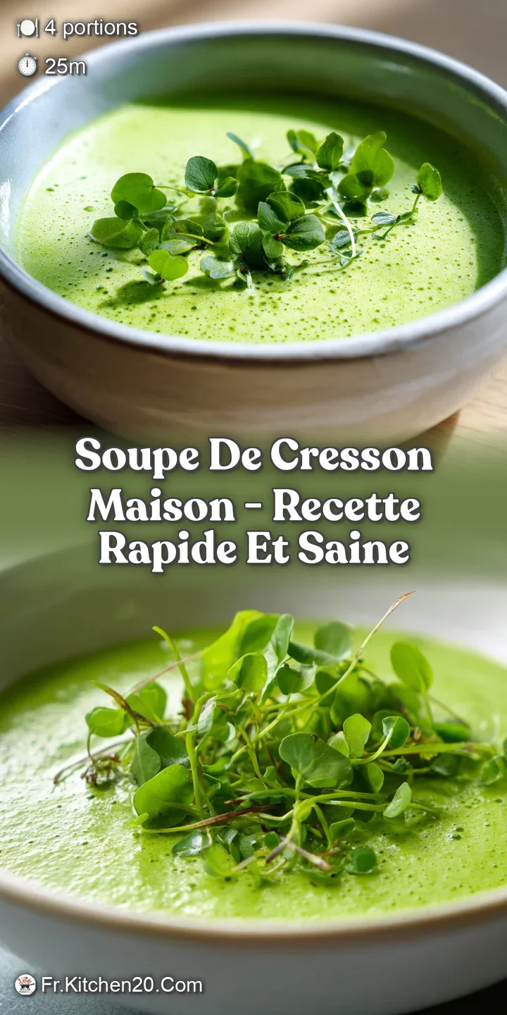 Close-up of bright green watercress soup. Swirls of cream create a marbled effect. Steam suggests comforting warmth.