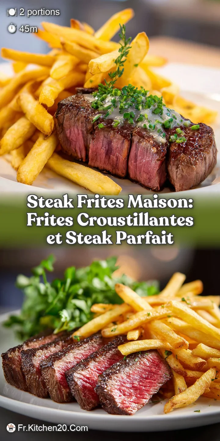 Close-up of juicy steak with crispy, golden fries, herbs, and a rich sauce, showcasing delicious textures and vibrant colors.