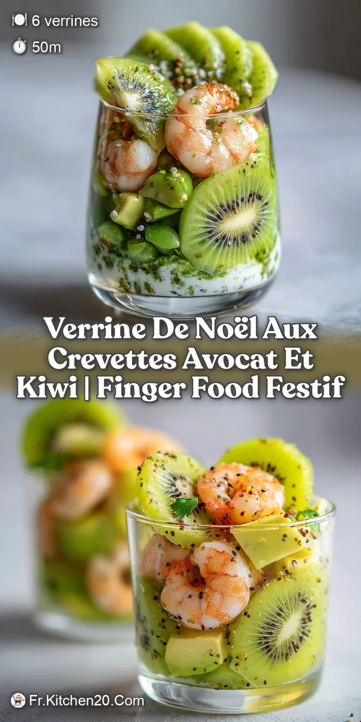 Close-up of Christmas verrine. Succulent shrimp, silky avocado, and tangy kiwi create a visually stunning and appetizing h...