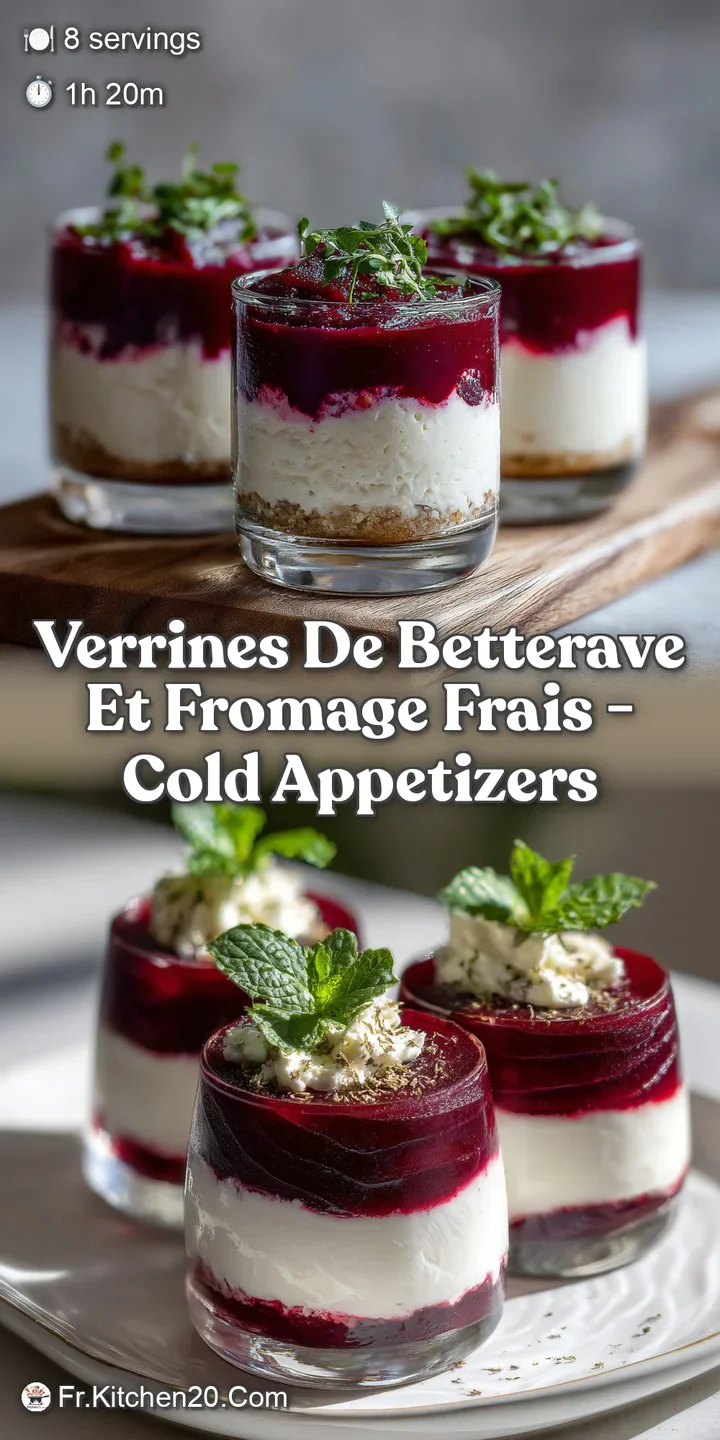 Close-up of a layered verrine: creamy white cheese against a bright pink beet mousse. Hints of green herbs offer a fresh c...