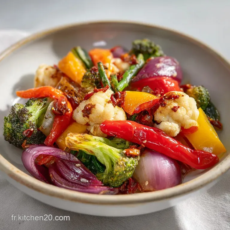 Bright vegetables artfully arranged on a plate, the light catching their glossy surfaces. Hints of spice and fresh herbs v...