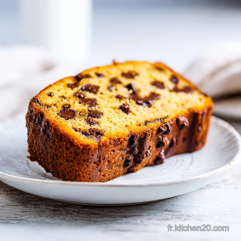 Tranche &eacute;paisse de g&acirc;teau brun et humide pos&eacute;e sur une assiette blanche, r&eacute;v&eacute;lant un c&oelig;ur fondant au chocolat noir.