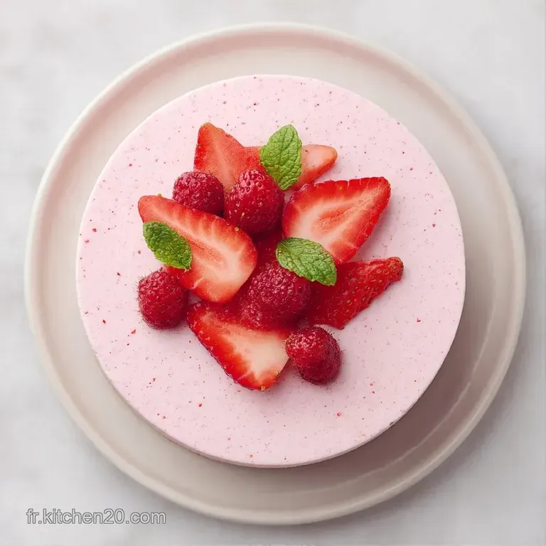 Verrine de cr&egrave;me onctueuse rose vif pos&eacute;e sur une assiette blanche, d&eacute;cor&eacute;e d'un fruit frais et d'un coulis brillant.