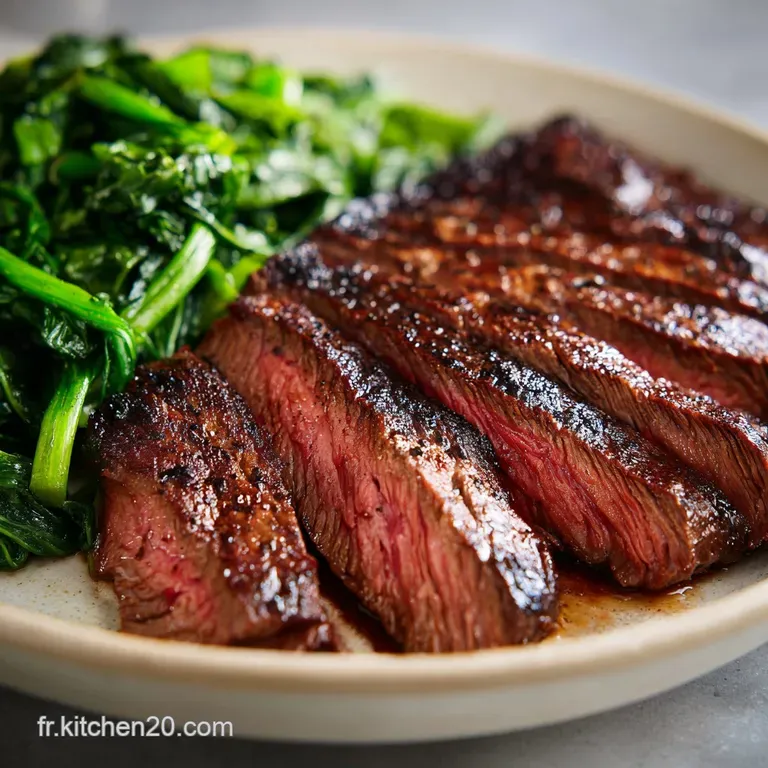 Perfectly grilled bavette steak slices arranged on a white plate with vibrant green herbs and a drizzle of rich sauce. Ref...
