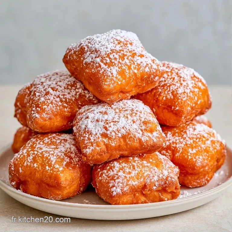 Pile de beignets moelleux et chauds, dispos&eacute;s avec soin sur une assiette blanche, avec un voile de sucre glace.