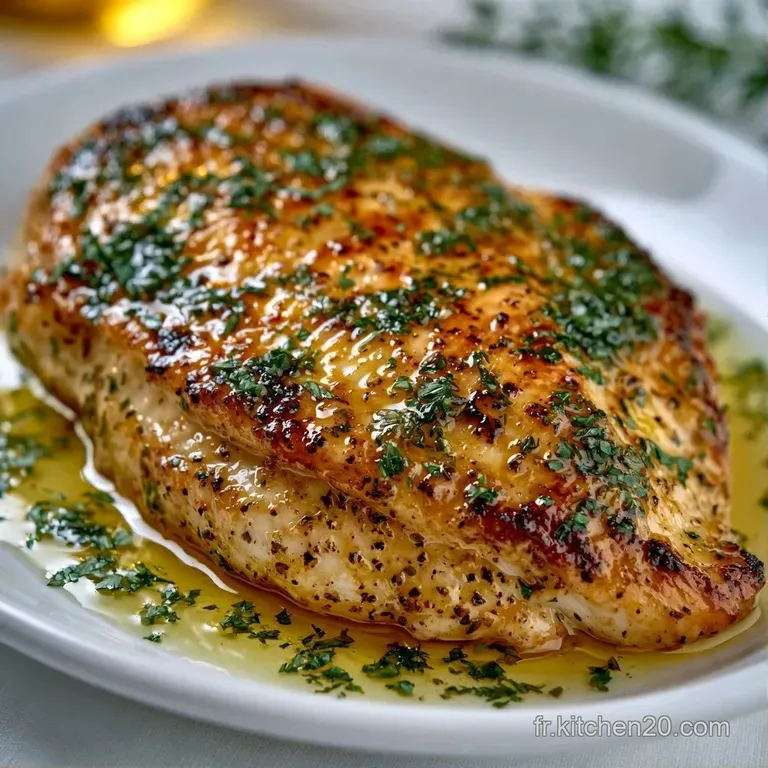 Tranches de poulet blanc nacr&eacute; dispos&eacute;es avec soin sur une assiette, d&eacute;cor&eacute;es d'une branche de romarin frais et citron.