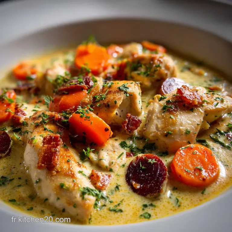 Elegant plate of tender chicken in a rich, ivory sauce, garnished with parsley. Served with fluffy white rice and a wine p...