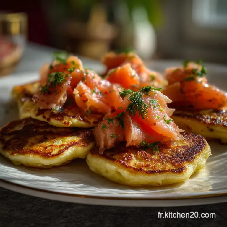 Artfully arranged blinis with smoked salmon, a swirl of cr&egrave;me fra&icirc;che, and a sprig of dill on a clean white plate.