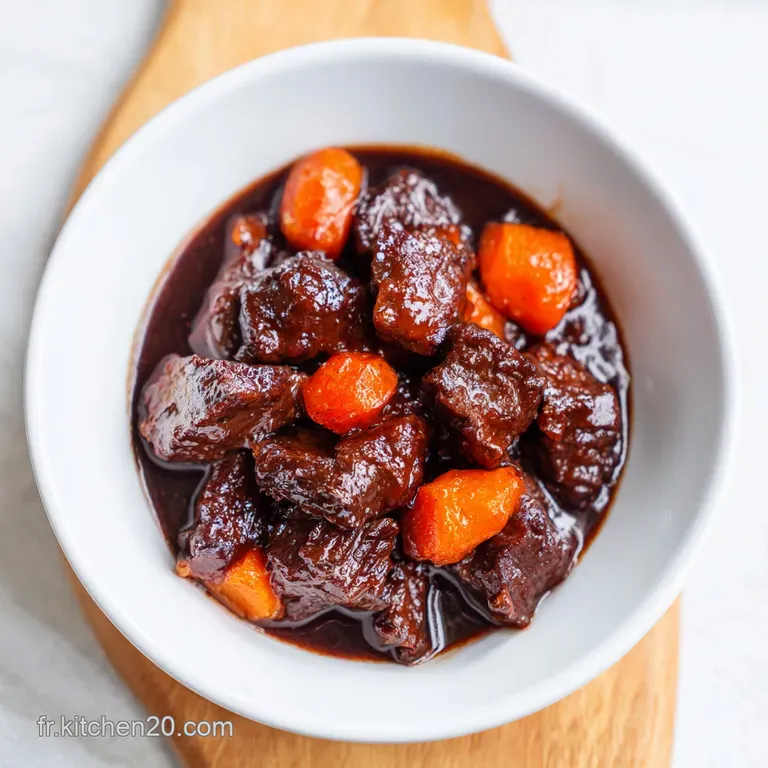 Morceaux de viande fondante napp&eacute;s d'une sauce brune riche, servis avec des l&eacute;gumes color&eacute;s sur une assiette blanche.