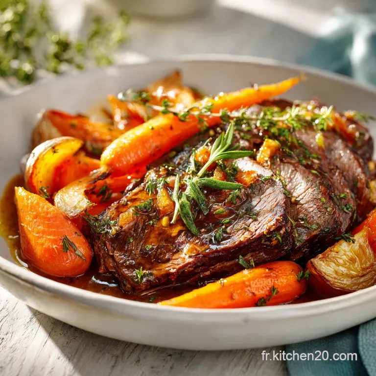 Braised beef and carrots with glistening sauce, artfully arranged over creamy mashed potatoes, garnished with fresh thyme ...
