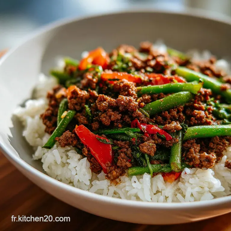 Elegant bowl of spicy beef and vegetables; steam rises, promising warmth and flavor. Bright bell peppers add a colorful ap...