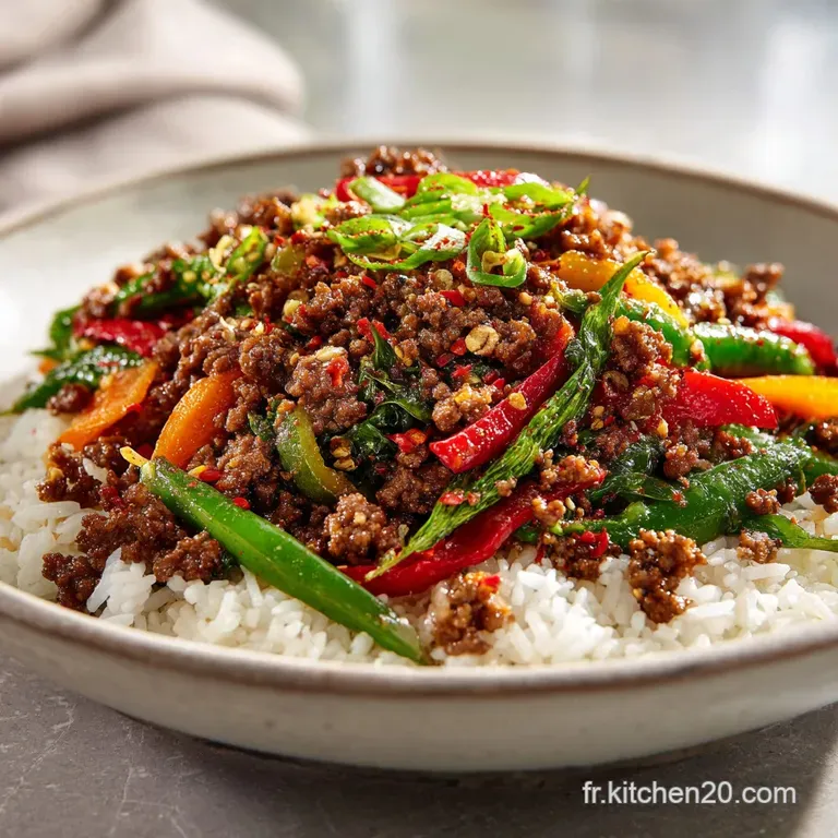 Spicy Ground Beef StirFry Bowl with L&eacute;gumes &agrave; l Ail