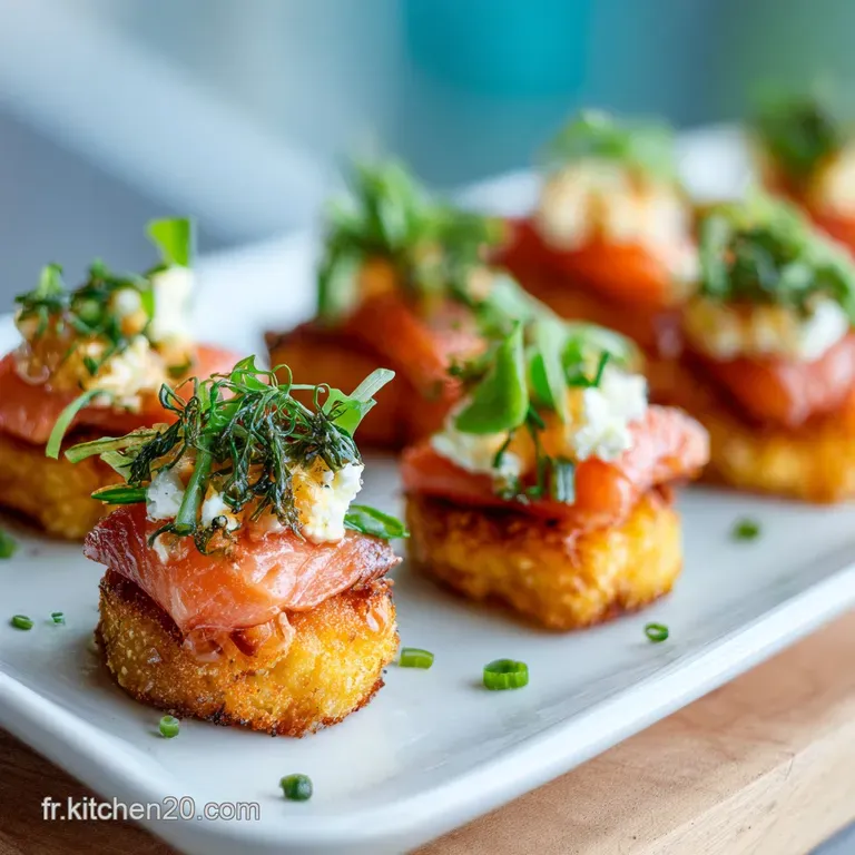 Elegant salmon appetizers. Flaky, bite-sized salmon served on a white plate with fresh herbs, light and inviting.