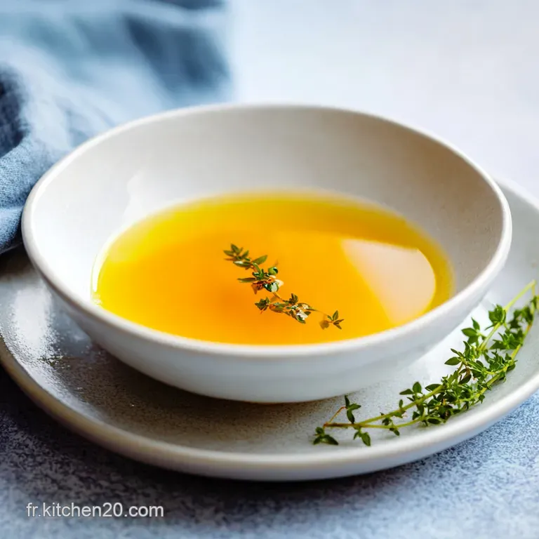 Elegant bowl of clear, golden vegetable bouillon with floating carrot rounds, parsley sprigs, and a drizzle of olive oil. ...