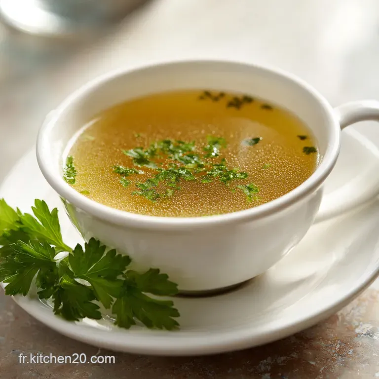 Creamy, pale-yellow chicken soup in a white ceramic bowl, garnished with bright green parsley, suggesting rich flavor, on ...
