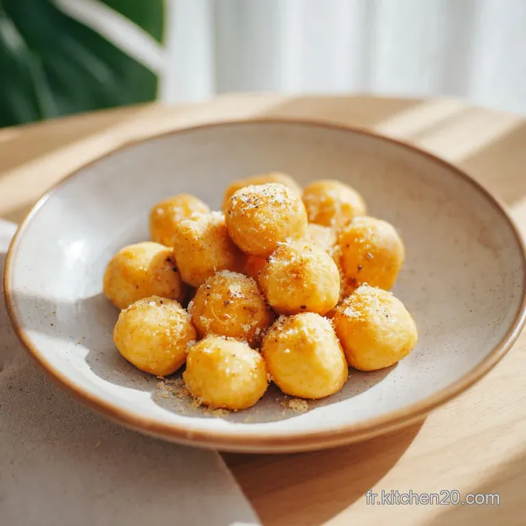 A swirl of creamy sauce cradles soft gnocchi and savory meatballs, garnished with herbs.