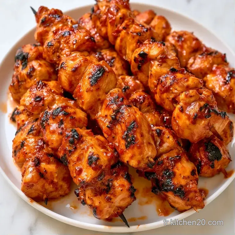 Brochettes grill&eacute;es pos&eacute;es sur un lit de cr&egrave;me blanche lisse, d&eacute;cor&eacute;es de grains de paprika rouge et de persil cisel&eacute;.