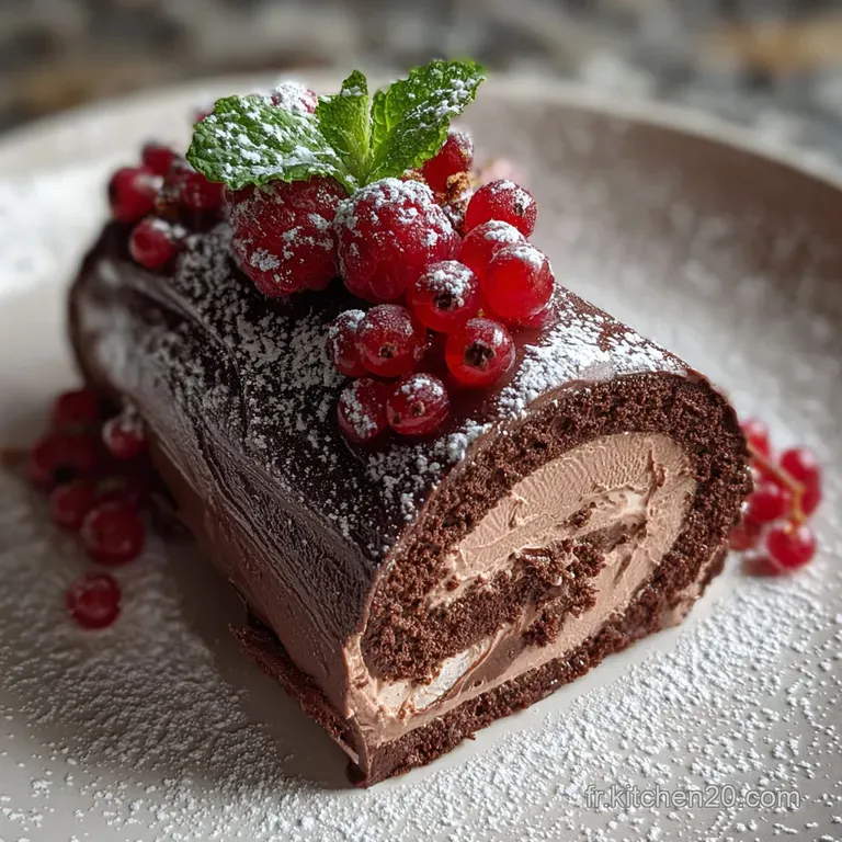 Slice of chocolate B&ucirc;che de No&euml;l on a white plate, showcasing moist cake layers, rich ganache, and fresh raspberry garnish.