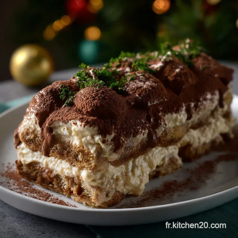 Elegant slice of tiramisu b&ucirc;che, showcasing layered textures. Coffee-soaked sponge, creamy mascarpone, and cocoa powder du...