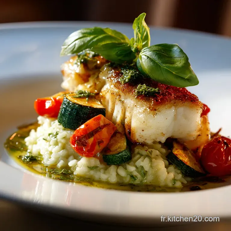 Filet De Cabillaud Confit &Agrave; Lhuile Dolive Et Risotto Cr&eacute;meux Courgettebasilic presentation