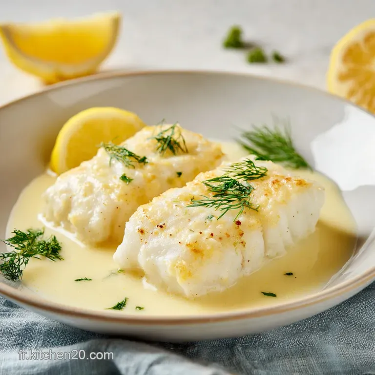 Perfectly cooked cod with a golden parmesan topping, artistically plated with bright green asparagus and a lemon slice on ...