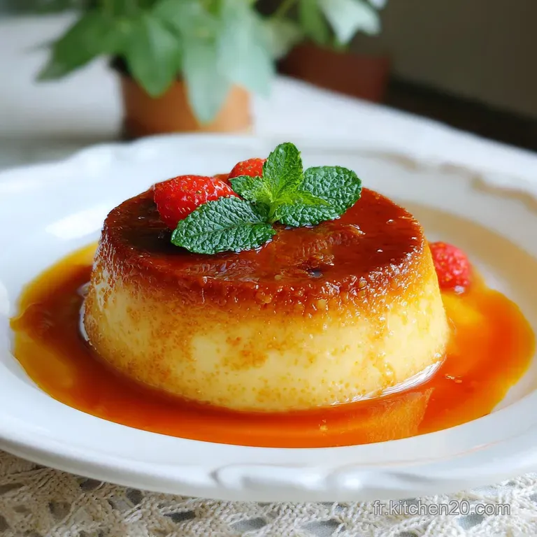 Silky cr&egrave;me caramel glistens on a white plate, drizzled with extra caramel. Garnished with a sprig of mint, simple and ele...