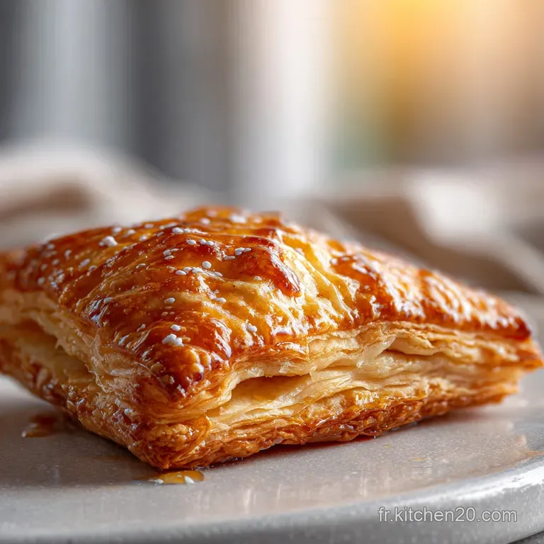 Elegant apple turnover plated with a dusting of powdered sugar. Visible layers of buttery, puff pastry with a rich, carame...