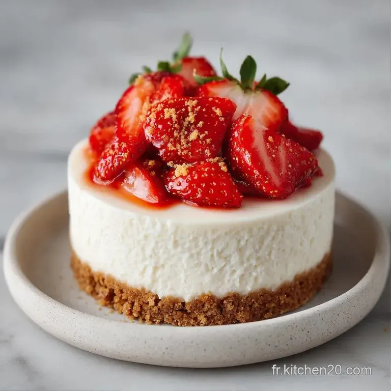 Tranche de cr&egrave;me onctueuse blanche sur assiette, agr&eacute;ment&eacute;e de fraises rouges juteuses et d'une touche de vert.