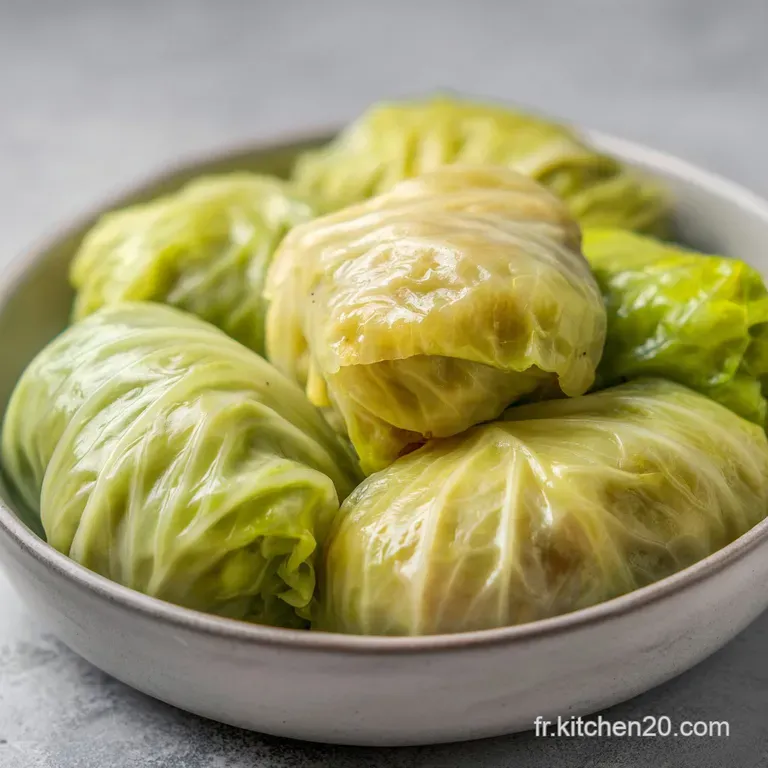 Un chou vert p&acirc;le pos&eacute; sur une assiette blanche, entour&eacute; d'un jus onctueux et de quelques herbes vertes et fra&icirc;ches.
