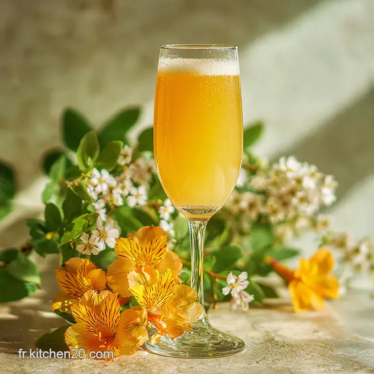 Elegant mimosa in a stemmed glass, garnished with a vibrant orange slice. Light catches the bubbles for a refreshing look.