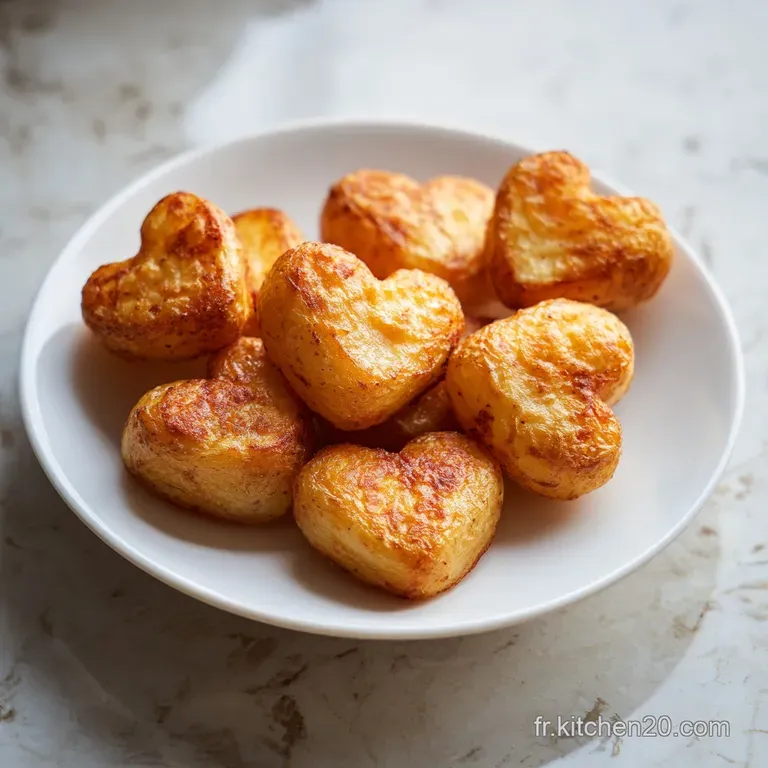 Perfectly arranged heart-shaped potatoes, browned and glistening, plated with a vibrant green herb sprig. Elegant and appe...