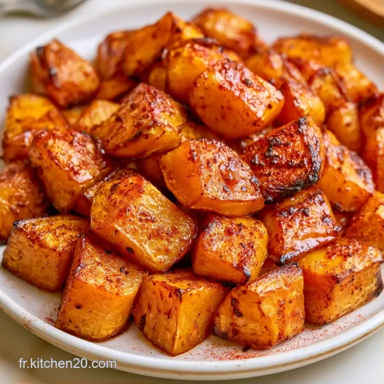 Morceaux de courge fondants dispos&eacute;s avec soin sur une assiette blanche, napp&eacute;s d'un filet d'huile brillante et d'&eacute;pices.
