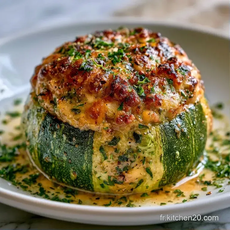 Courgettes vertes fondantes pos&eacute;es sur une assiette blanche, surmont&eacute;es d'un fromage grill&eacute; et d'un filet d'huile.