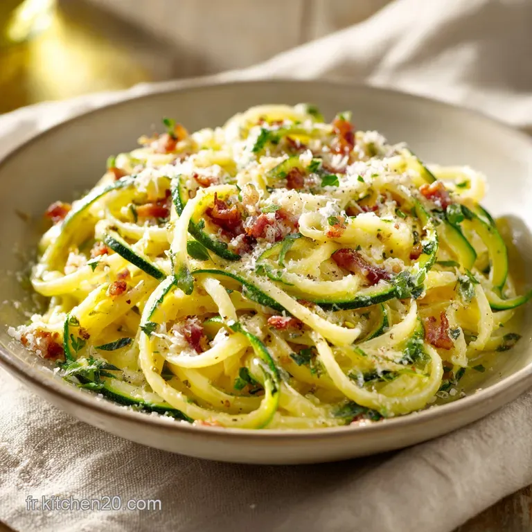Elegant swirl of pasta with glistening sauce, vibrant green zucchini, and golden bacon, garnished with fresh herbs on whit...
