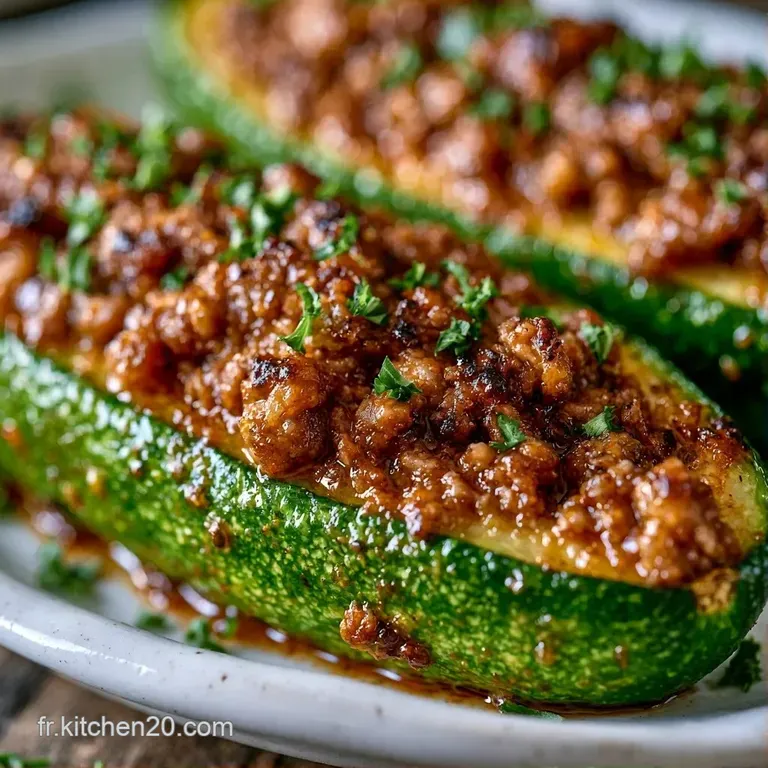 Courgettes r&ocirc;ties et fondantes, surmont&eacute;es d'un hachis dor&eacute;, dress&eacute;es avec soin et agr&eacute;ment&eacute;es d'herbes fra&icirc;ches vertes.