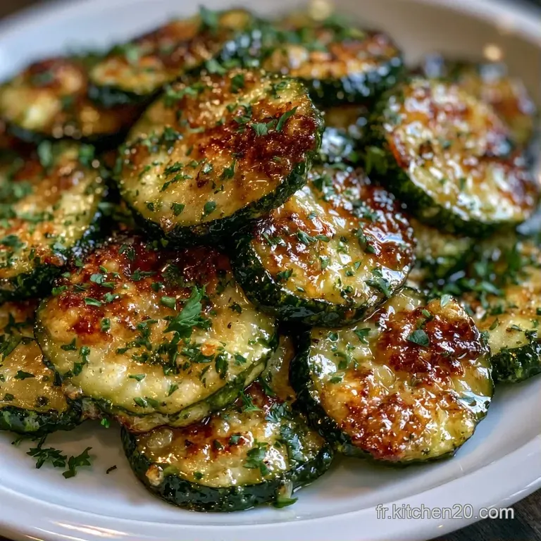 Courgettes saut&eacute;es bien brillantes dispos&eacute;es en d&ocirc;me sur une assiette blanche, agr&eacute;ment&eacute;es de persil frais cisel&eacute;.