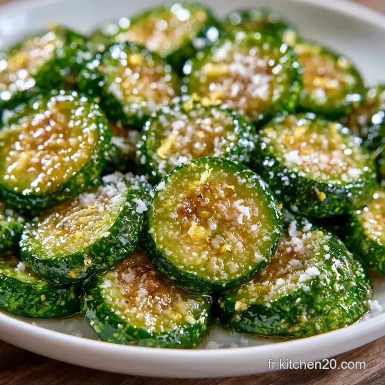Courgettes saut&eacute;es tendres et brillantes, dispos&eacute;es avec soin dans une assiette blanche, d&eacute;cor&eacute;es de persil cisel&eacute;.