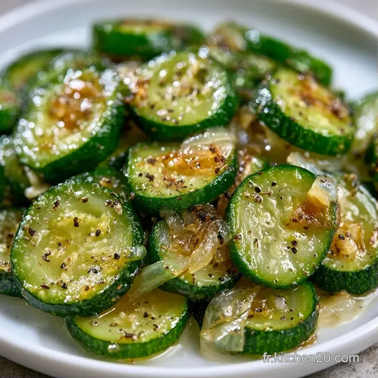 Courgettes saut&eacute;es tendres et brillantes, dispos&eacute;es en d&ocirc;me blanc, parsem&eacute;es d'herbes fra&icirc;ches et de poivre concass&eacute;.