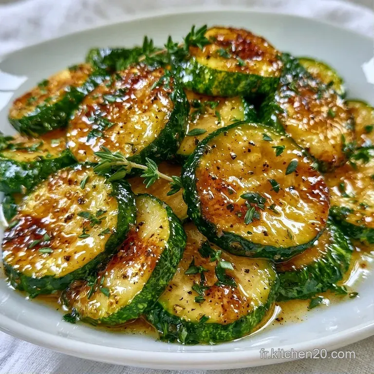 Courgettes tendres et brillantes dress&eacute;es en d&ocirc;me sur une assiette blanche, d&eacute;cor&eacute;es de petites feuilles de thym.
