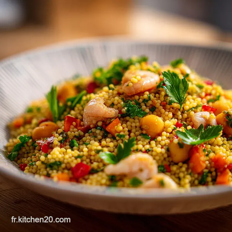 Plated couscous royal with vibrant vegetables, and a mix of meats drizzled with rich sauce. A culinary delight.