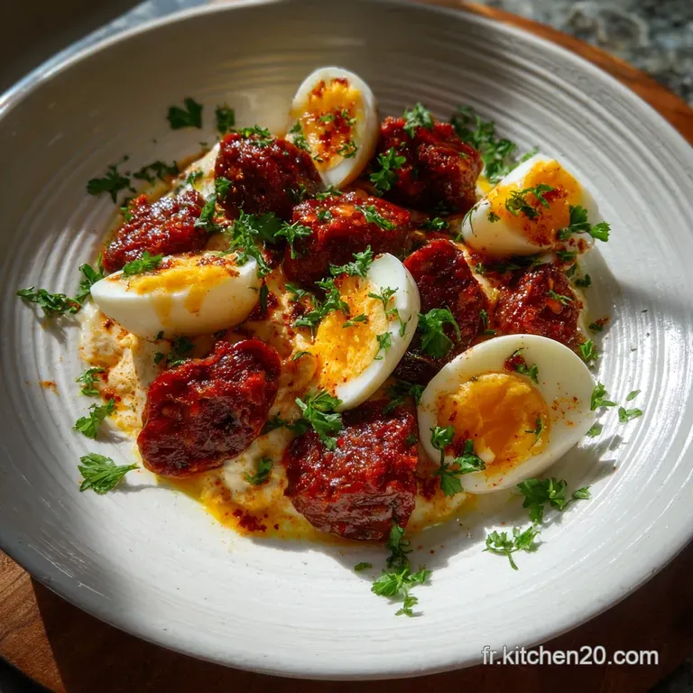 Elegant, shallow bowl of creamy chorizo soup, garnished with microgreens and a perfectly cooked quail egg, evoking warmth ...
