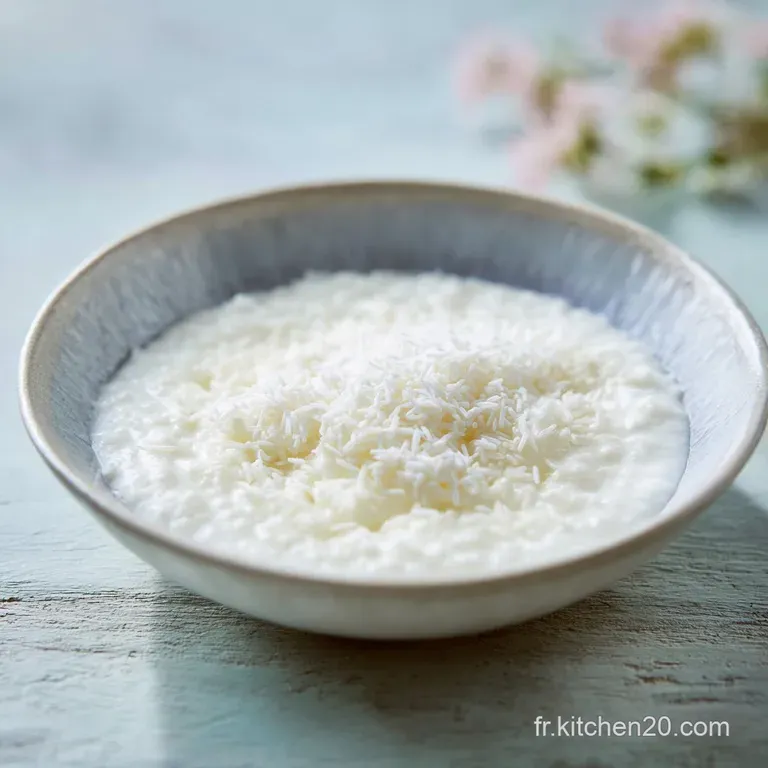 Elegant portion of cr&egrave;me de riz in a glass ramekin, topped with fresh berries, mint, and a dusting of powdered sugar.
