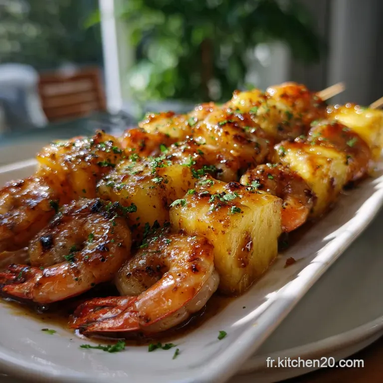 Brochettes Crevettes Ananas Caram&eacute;lis&eacute;s Piment Espelette