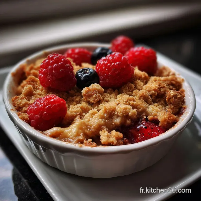 Individual crumble portions in elegant glass ramekins. The warm fruit interior contrasts with the crisp, buttery crumble t...