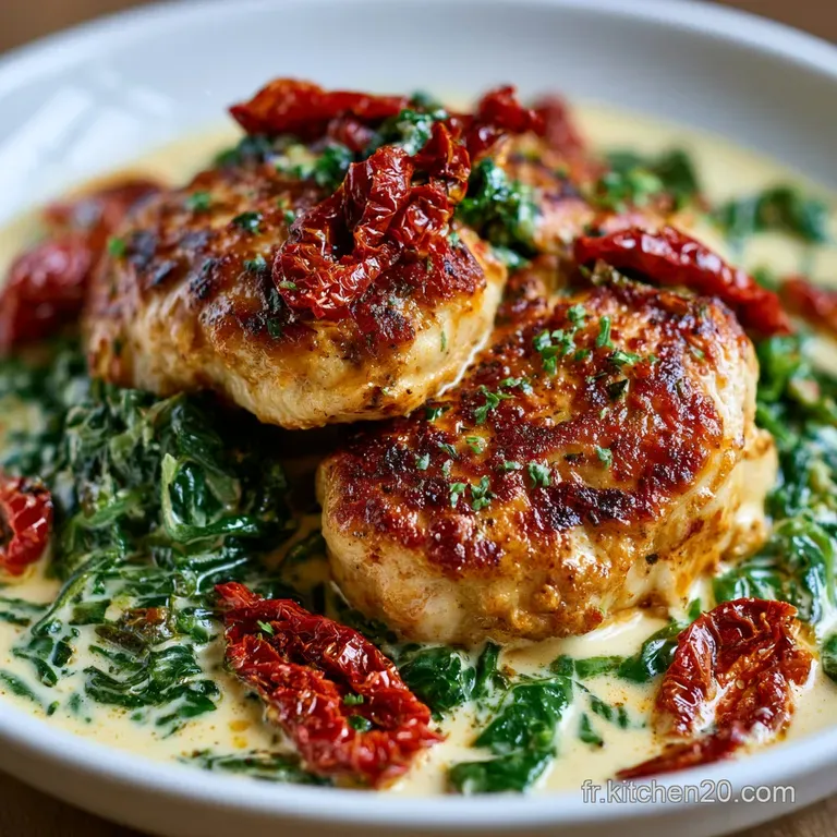 Assiette blanche pr&eacute;sentant du poulet napp&eacute; d'une cr&egrave;me onctueuse, agr&eacute;ment&eacute;e de tomates s&eacute;ch&eacute;es et d'&eacute;pinards frais.