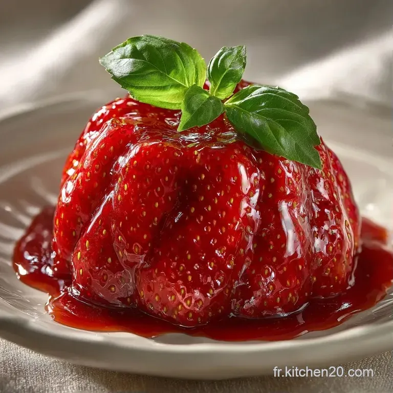 Dressage raffin&eacute; avec des fraises rouges brillantes, des points de coulis glossy et une feuille de menthe fra&icirc;che verte.