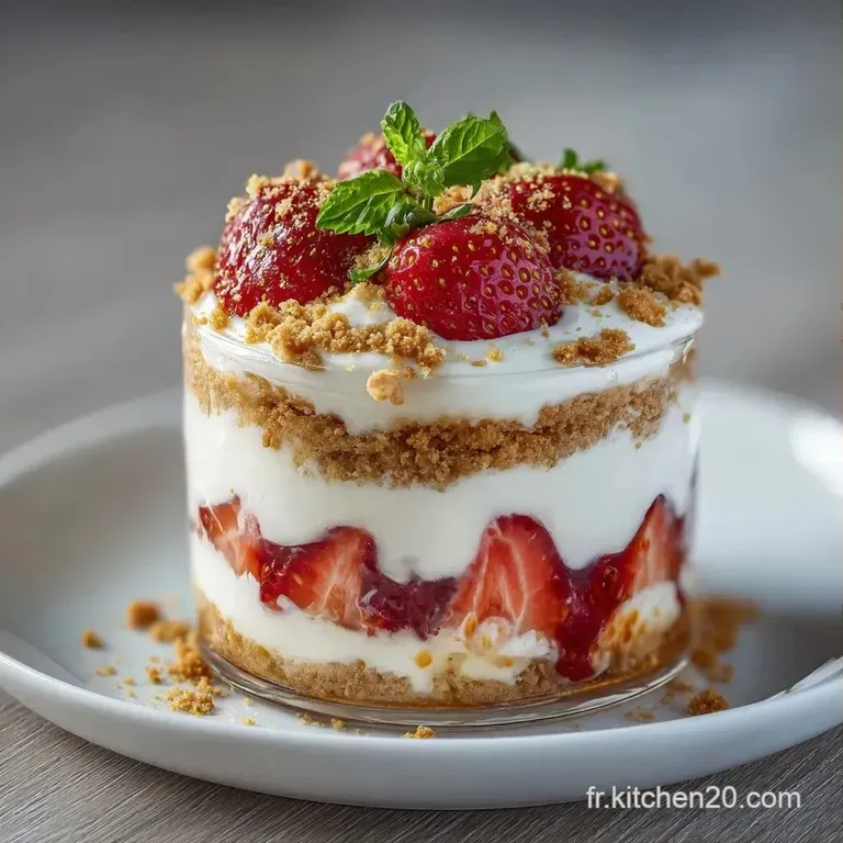 Verrine &eacute;l&eacute;gante montrant des couches altern&eacute;es de fruits rouges juteux et de mousse blanche l&eacute;g&egrave;re, d&eacute;cor&eacute;e de menthe.