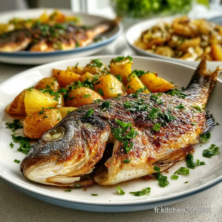 Flaky, browned fish fillet atop soft potatoes and sweet, caramelized tomatoes, garnished with fresh herbs on a clean white...